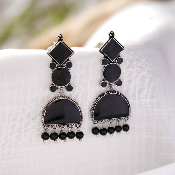 Aakar- Silver Brass stone studded dangler earrungs (Black)