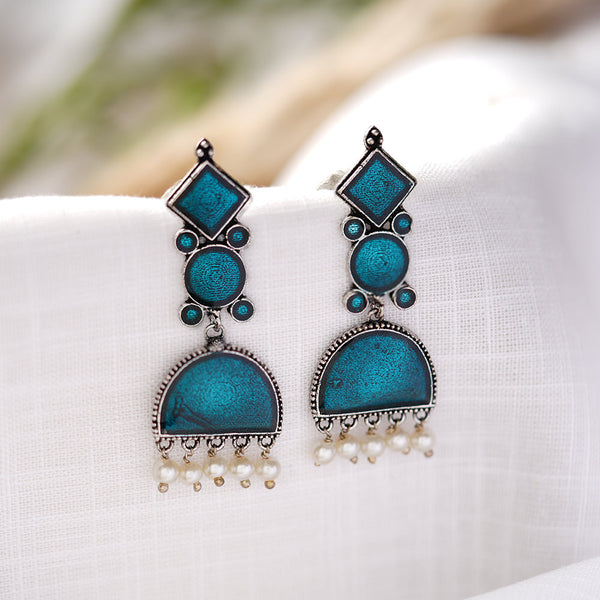 Aakar- Silver Brass stone studded dangler earrungs (Blue)