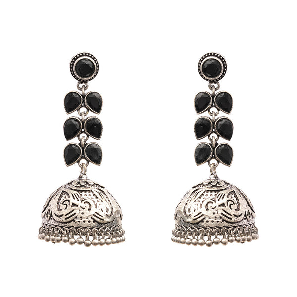 Shyamika- Silver Brass Oxidised Jhumka Earrings(Black)