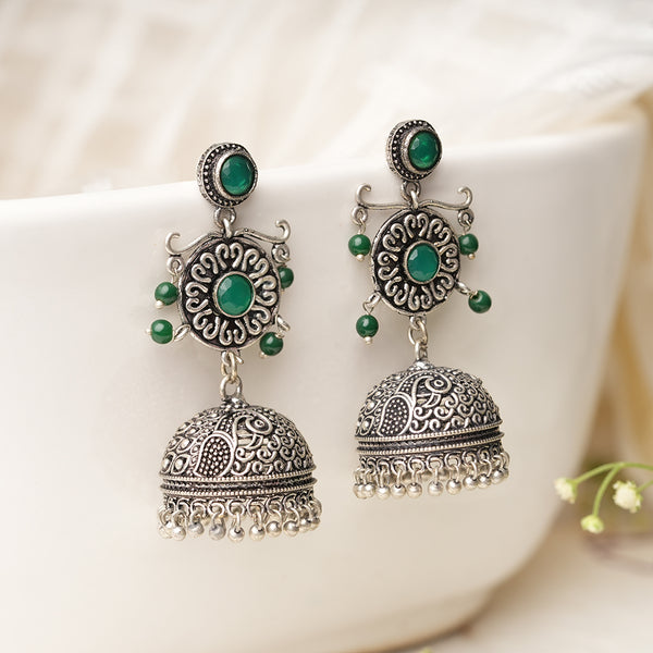 Green Stone Studed Silver Toned Brass Jhumka