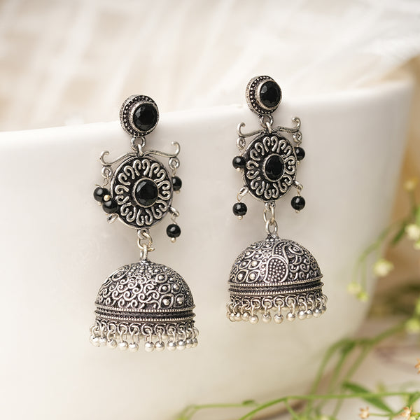 Black Stone Studded Silver Toned Brass Jhumka