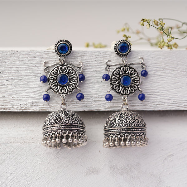 Blue Stone Studded Silver Toned Brass Jhumka