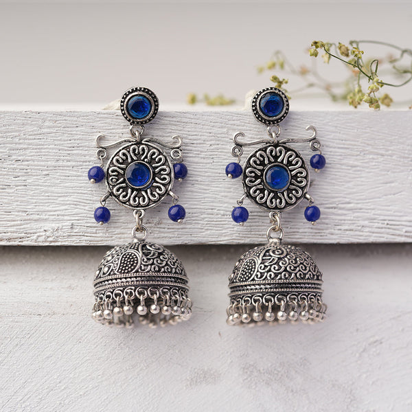 Mallika- Silver Toned Brass Earrings(Blue)