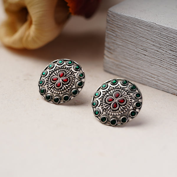 Red And Black Stone Studded Silver Toned