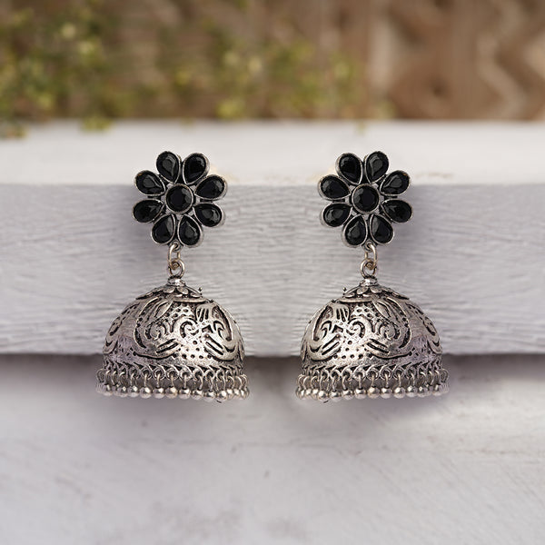 Black Stone Studded Silver Toned Jhumka