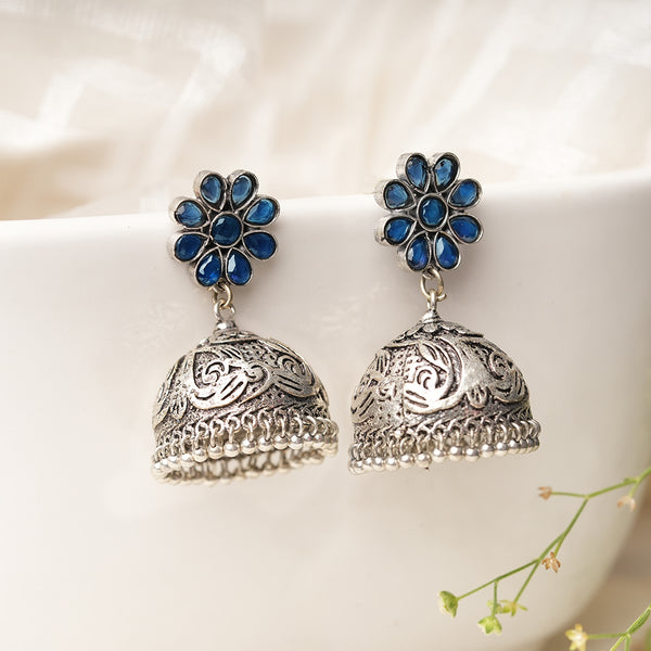 Blue Stone Studded Silver Toned Jhumka