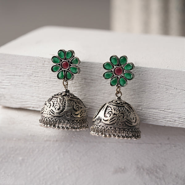 Green Stone Studded Silver Toned Jhumka