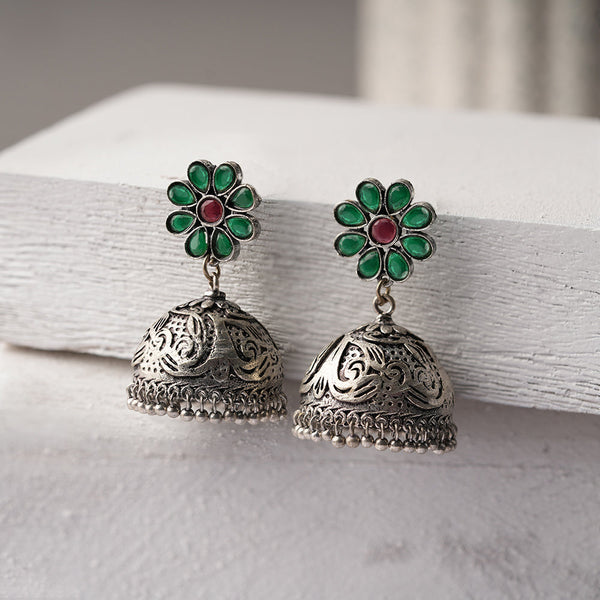 Ratnaja- Silver Brass Stone Studded Jhumka Earrings