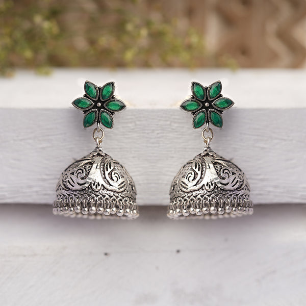 Green Stone Studded Silver Toned Jhumka