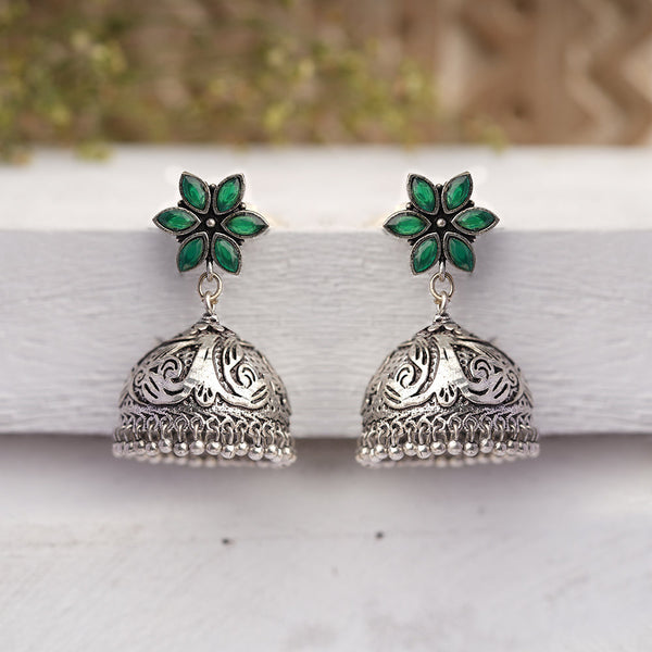 Padmika- Silver Brass Stone Studded Jhumka Earrings(Black)