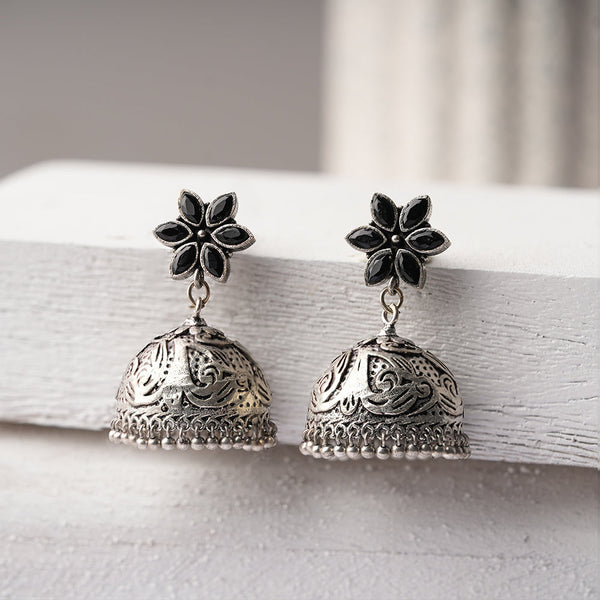 Padmika- Silver Brass Stone Studded Jhumka Earrings(Black)