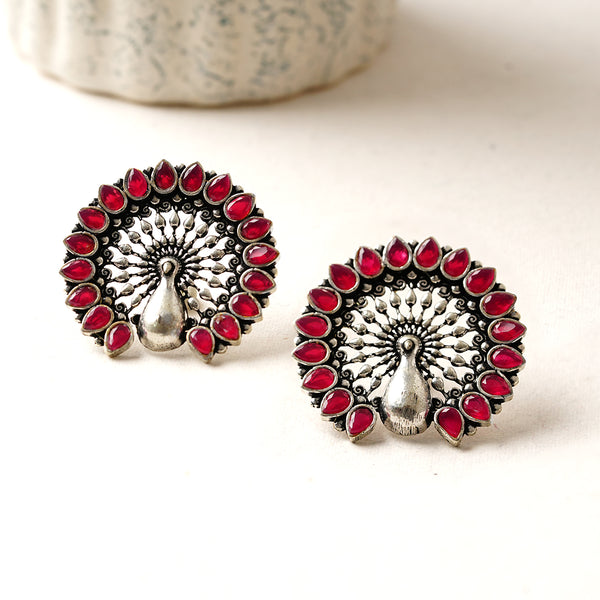 Red stone studded Peacock Brass Oxidised Earrings