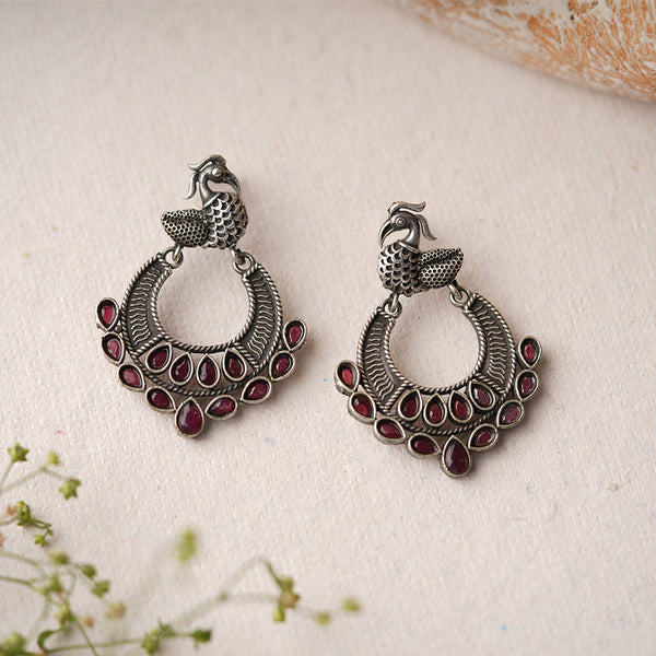 Red Stone Studded Peacock Brass Danglers