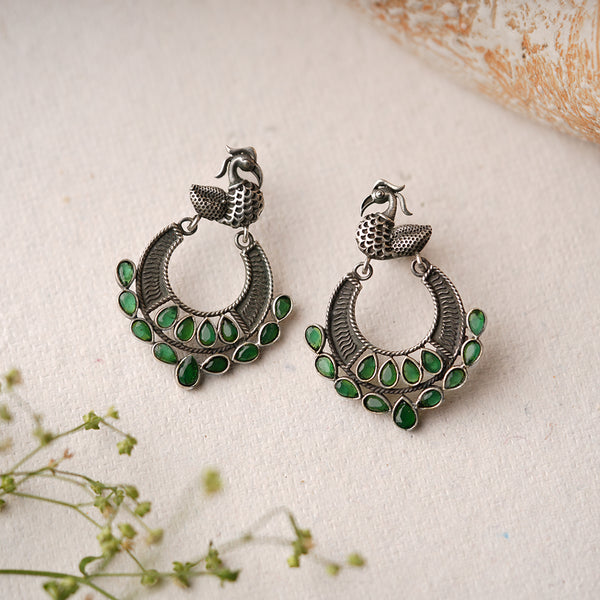 Green Stone Studded Peacock Brass Earrings