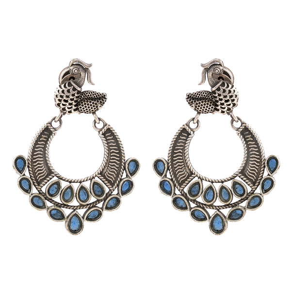 Blue Stone Studded Peacock Brass Earrings