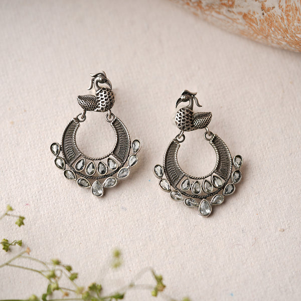 White Stone Studded Peacock Brass Earrings