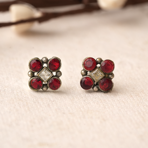 Raktika- Silver Brass Stone Studded Stud Earrings