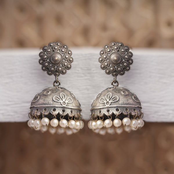 Dome Shaped Brass Earrings With Hanging Pearls