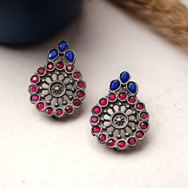 Gulabika- Silver Brass Stone Studded Stud Earrings(Pink)
