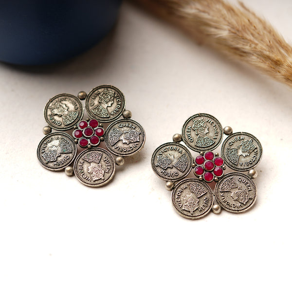 Antique Coin Red stone Silver Look studded Statement Studs