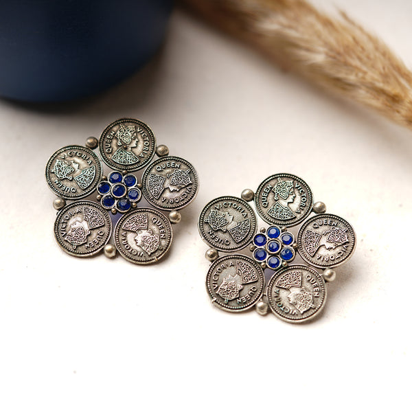 Antique Coin Blue stone Silver Look studded Statement Studs
