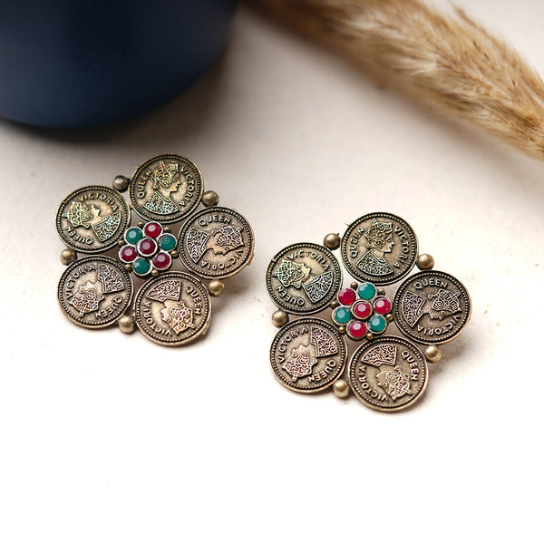 Antique Coin Multicolored stone Silver Look studded Statement Studs