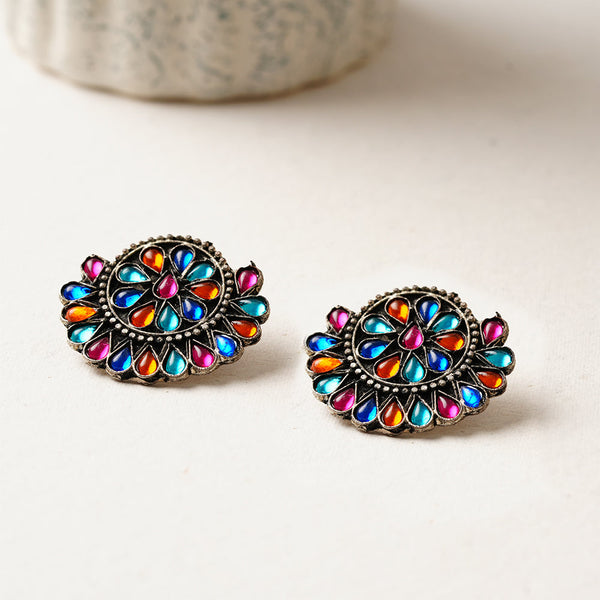 Rangika- Silver oxidised stone studded stud earrings