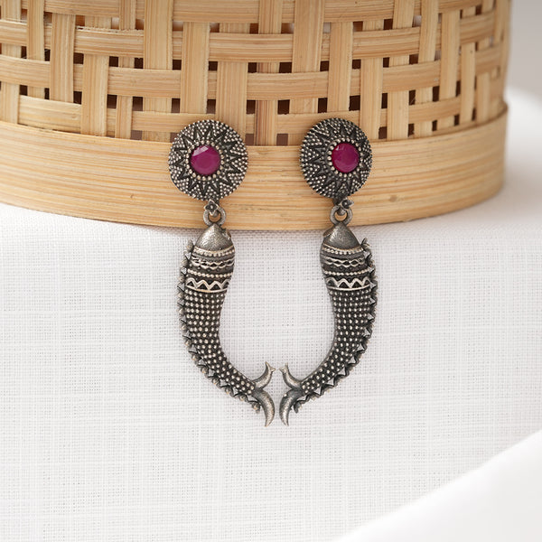 Red stone studded Fish Brass Earrings