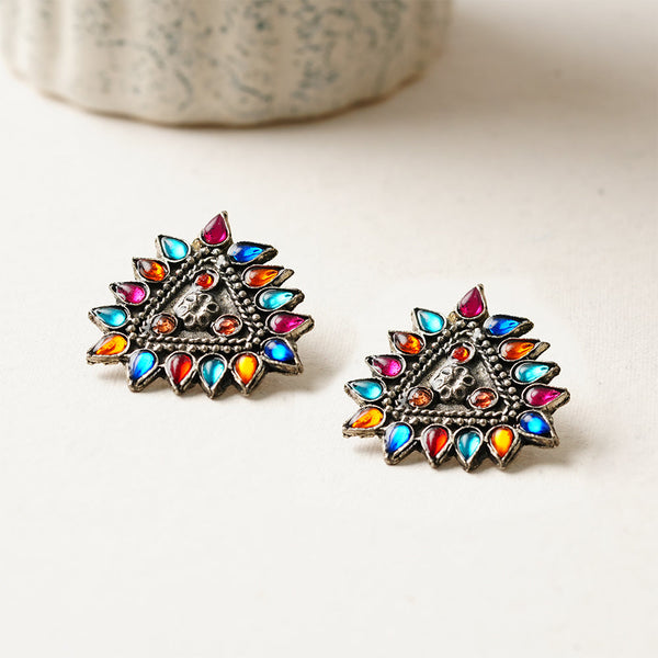 Indrdhanush- Silver oxidised stone studded stud earrings