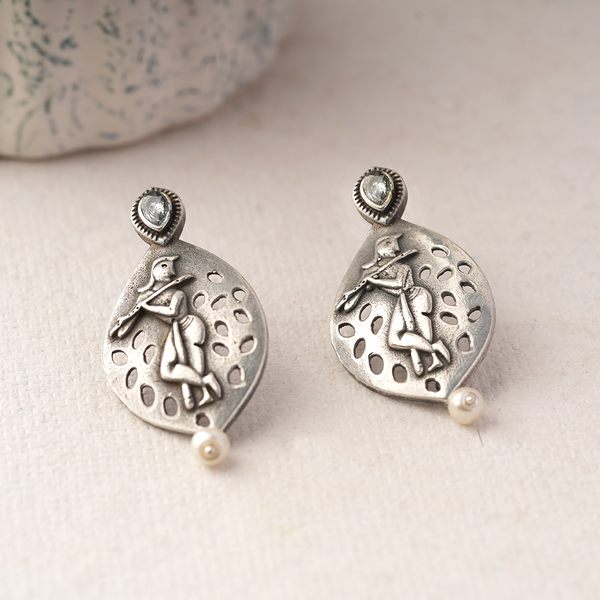 Kanha- Silver Brass Pearl dangler earrings(White)