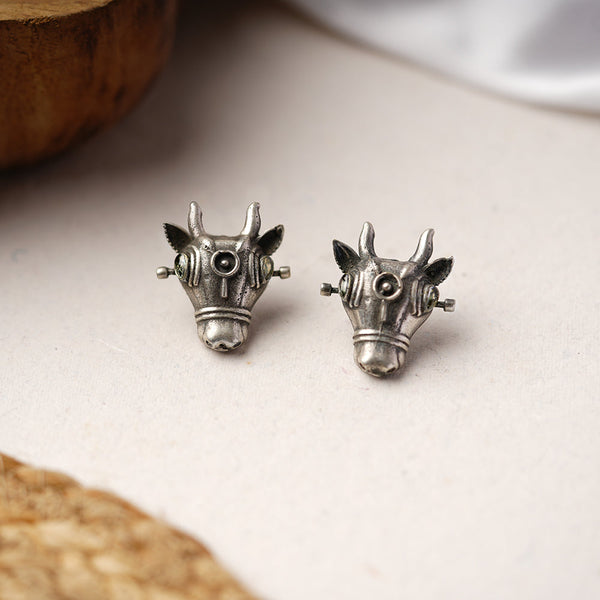 Nandi- Silver oxidised stone studded stud earrings(white)