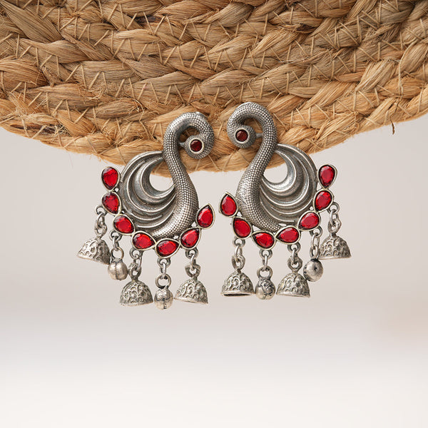 Hansika- Silver Brass ghunghroo dangler earrings(Red)
