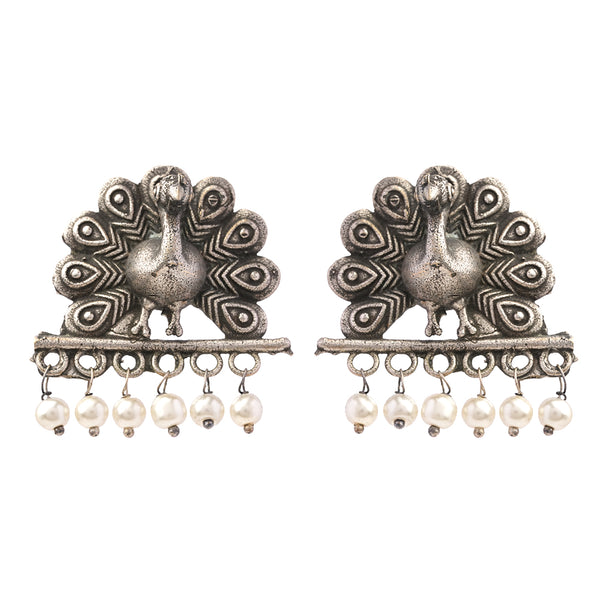 Peacock Motif Brass Earrings with Hanging Pearls