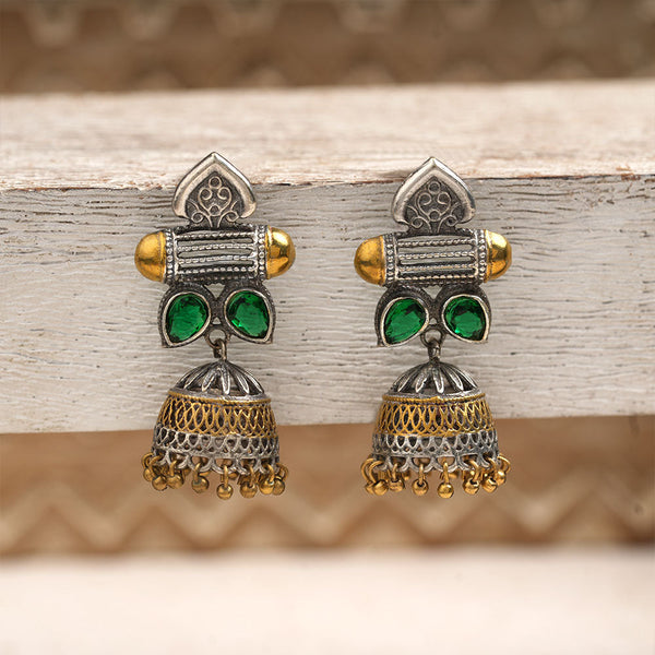 Rupali- Silver Brass Stone studdes Oxidised dangler earrings(Green)