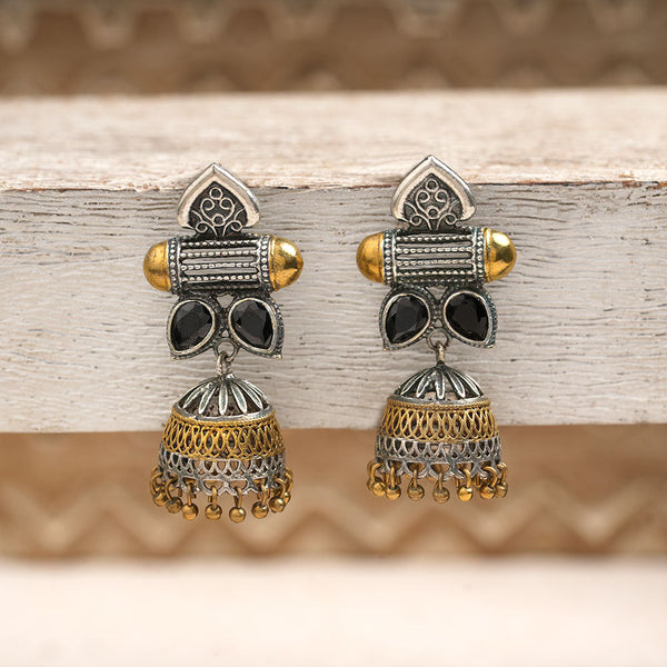 Rupali- Silver Brass Stone studdes Oxidised dangler earrings(Back)
