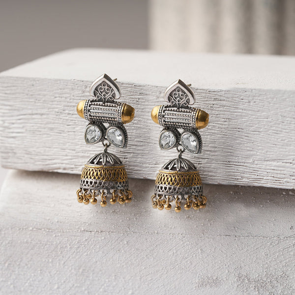 Rupali- Silver Brass Stone studdes Oxidised dangler earrings(White)