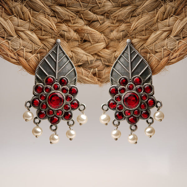 PatraPushp- Silver Brass Pearl dangler earrings(Red)