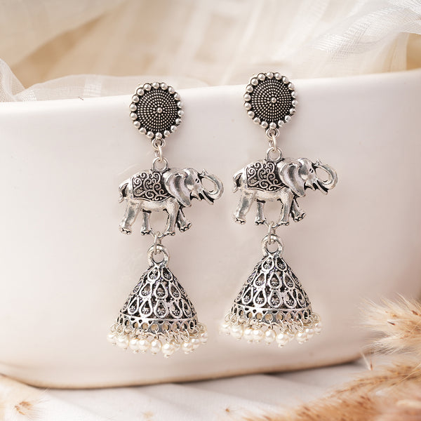 Silver Elephant Oxidised Jhumka