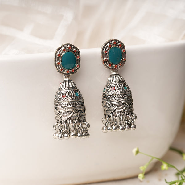 Lotus motif silver engraved Blue jhumki