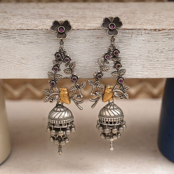 Phulvaari- Silver Brass Oxidised Stone Studded Dngler Earrings (Red)