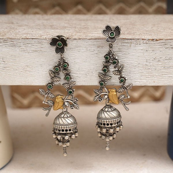 Phulvaari- Silver Brass Oxidised Stone Studded Dngler Earrings (Green)
