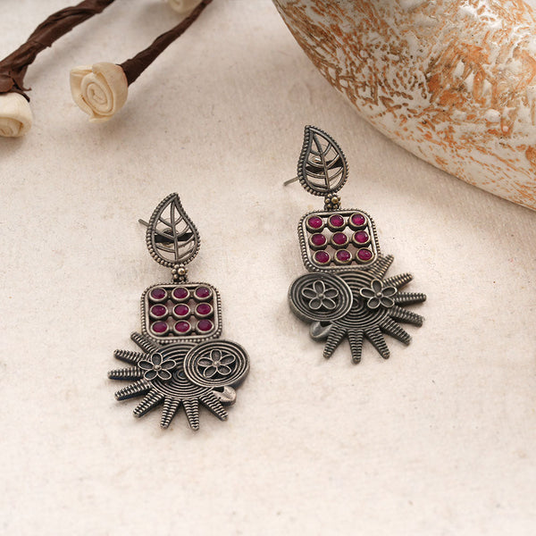 Pallavi- Silver Brss Oxidised Dangler Earrings (Red)