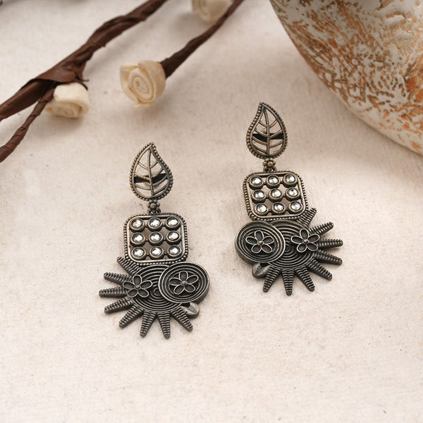 Pallavi- Silver Brss Oxidised Dangler Earrings (White)