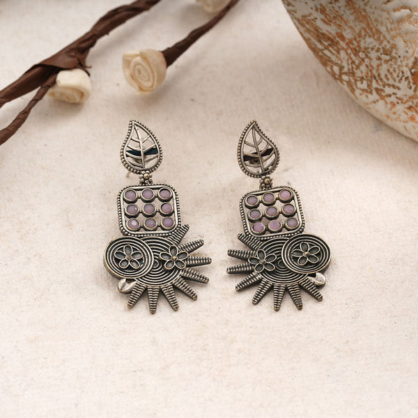 Pallavi- Silver Brss Oxidised Dangler Earrings (Baby Pink)