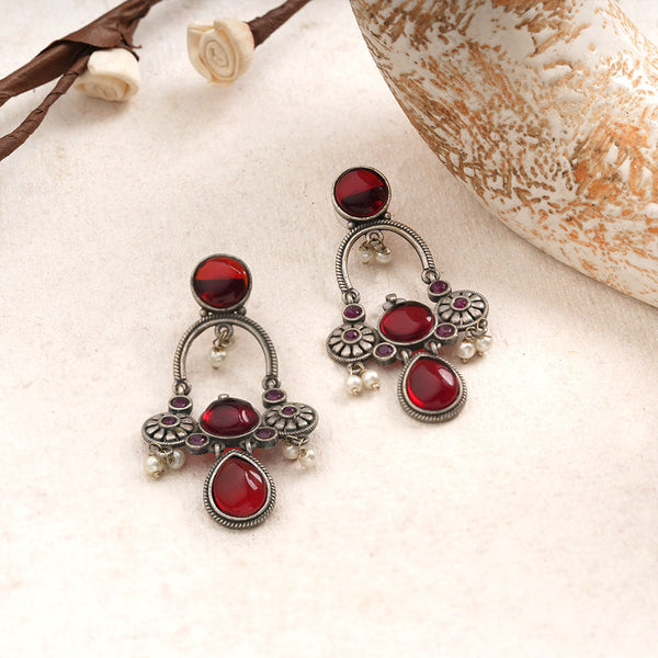 Rasdhara- Silver Brss Oxidised Dangler Earrings (Red)