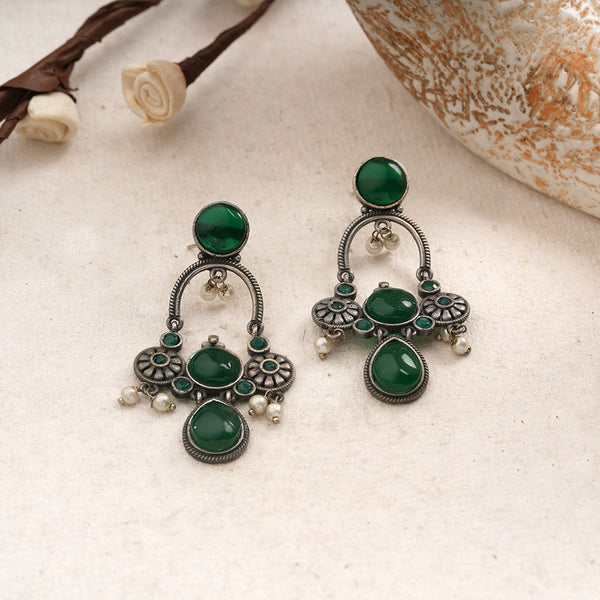 Rasdhara- Silver Brss Oxidised Dangler Earrings (Green)