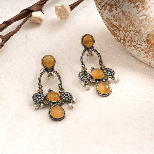 Rasdhara- Silver Brss Oxidised Dangler Earrings (Yellow)