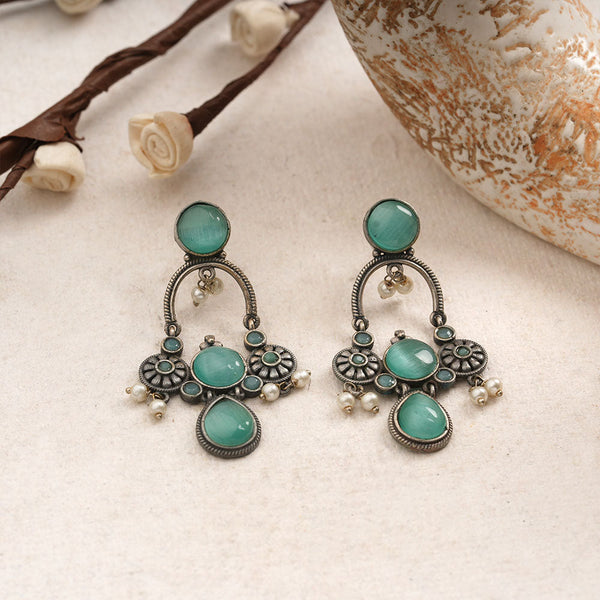 Rasdhara- Silver Brss Oxidised Dangler Earrings (Mint)
