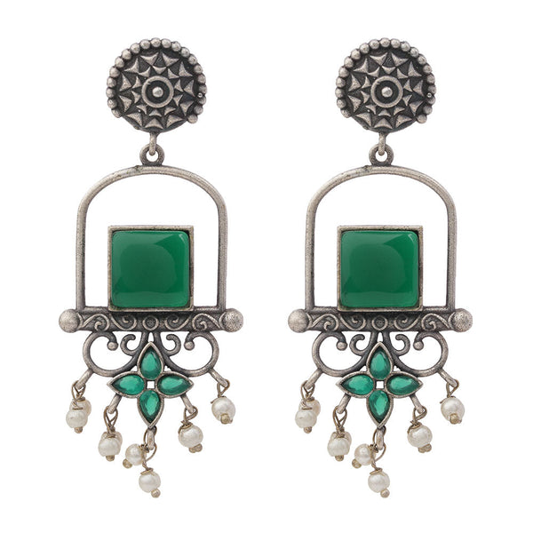 Meherab- Silver Brass Oxidised Stone Studded Dngler Earrings (Green)