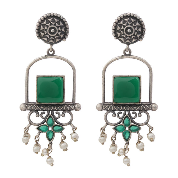 Meherab- Silver Brass Oxidised Stone Studded Dngler Earrings (Green)